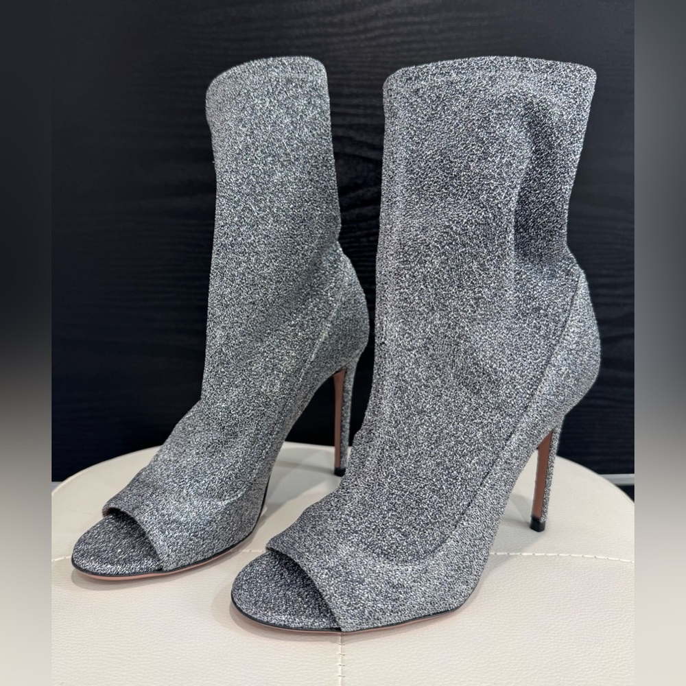 NWT Aquazzura Silver Glitter Open-Toe Pull-On Booties, Size 34 (US 4-4.5)